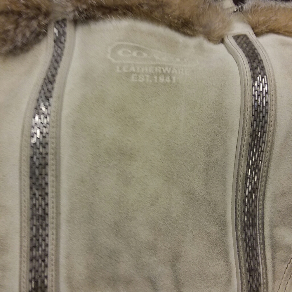 Coach suede purse with beads & fox fur trim